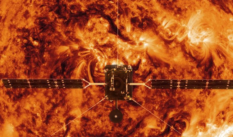 Illustration av ESA:s Solar Orbiter framför solen