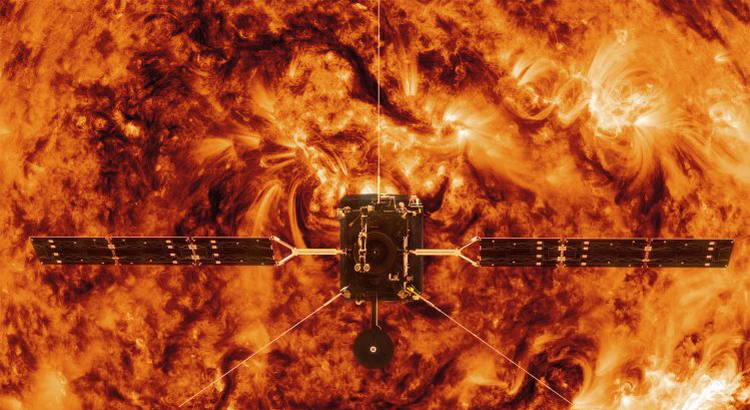 Illustration av ESA:s Solar Orbiter framför solen Illustration av ESA:s Solar Orbiter framför solen