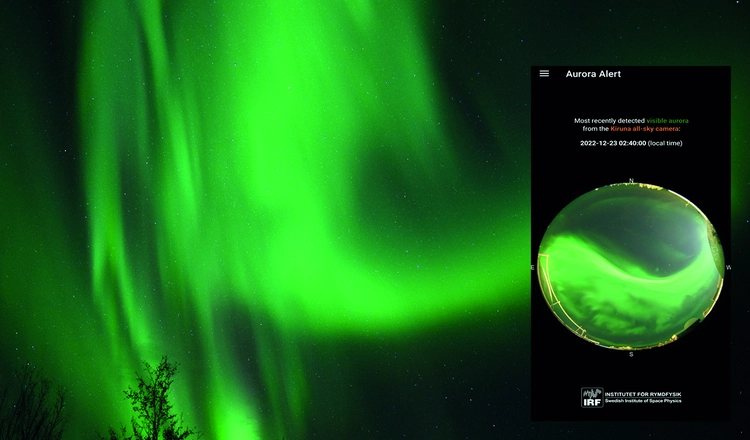 Exempel på hur det ser ut i mobilen när det kommer en notifikation i appen IRF Aurora Alert om att det är norrsken över Kiruna.