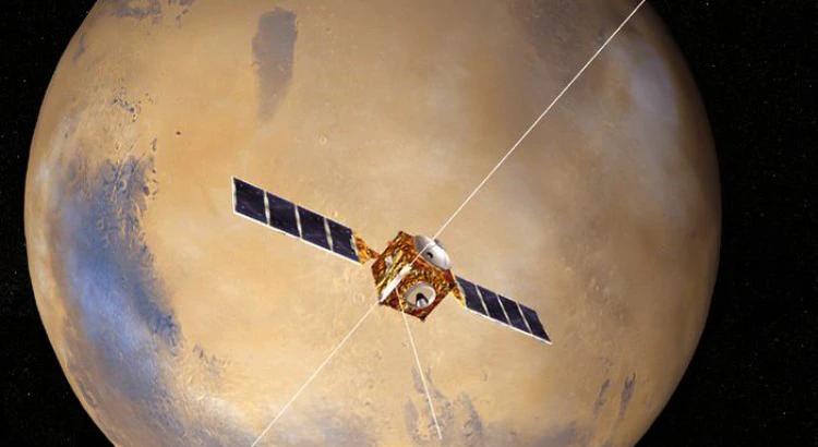 Illustration av rymdsonden Mars Express framför Mars Illustration av rymdsonden Mars Express framför Mars