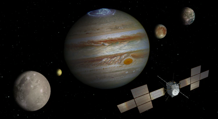 Illustration av rymdsonden JUICE framför Jupiter och dess fyra galileiska månar Illustration av rymdsonden JUICE framför Jupiter och dess fyra galileiska månar