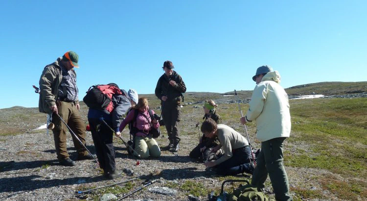 Deltagare vid en meteoritexpedition undersöker ett fynd. Deltagare vid en meteoritexpedition undersöker ett fynd.
