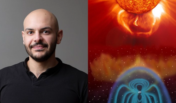 Porträtt av Ahmad Lalti och illustration av plasma som träffar jordens magnetfält