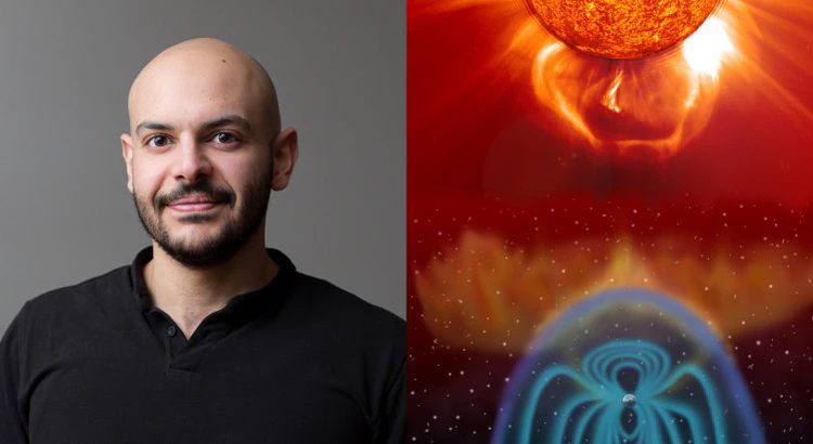 Portait of Ahmad Lalti and an illustration of plasma hitting the Earth's magnetic field