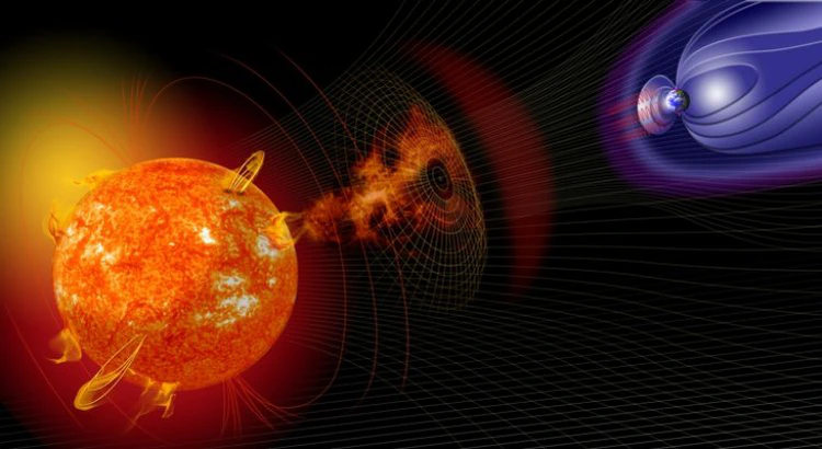 Illustration av solvindens interaktion med jordens magnetfält Illustration av solvindens interaktion med jordens magnetfält