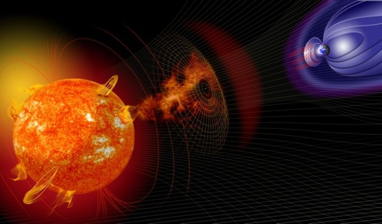 Illustration av solvindens interaktion med jordens magnetfält