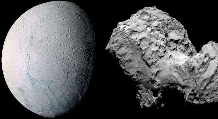 Månen enceladus och kometen Månen enceladus och kometen