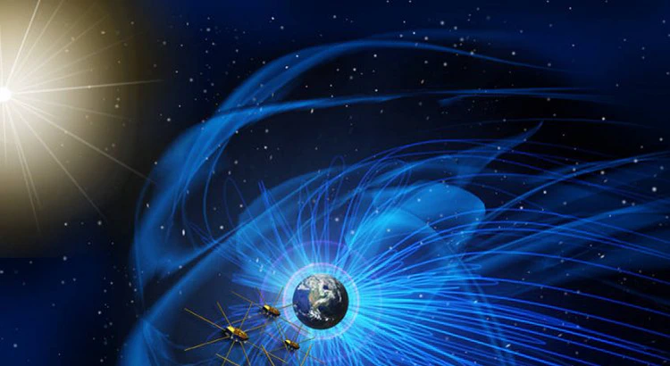 Illustration av solen, jordens magnetfält och MMS-satelliterna