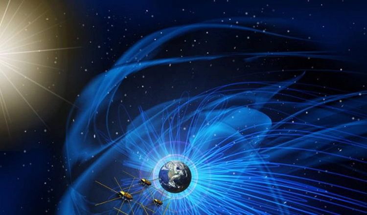 Illustration av solen, jordens magnetfält och MMS-satelliterna Illustration av solen, jordens magnetfält och MMS-satelliterna