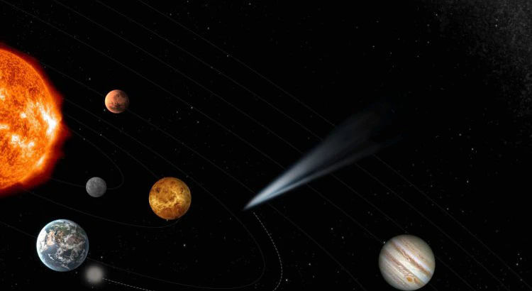 Illustration av solsystemets planeter, Solen och en inpasserande komet