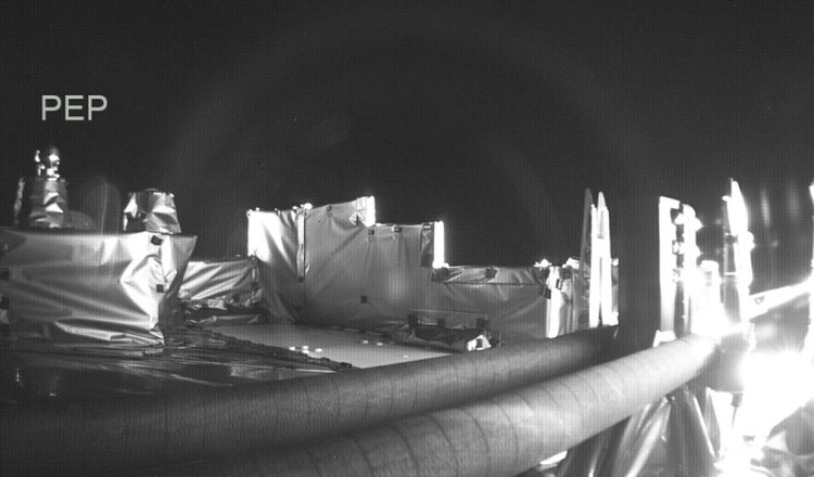 The Particle Environment Package, PEP, (three of the six instruments NIM, JNA and JEI in the Pep suite)  – taken from the side by the onboard camera on the ESA spacecraft Juice.