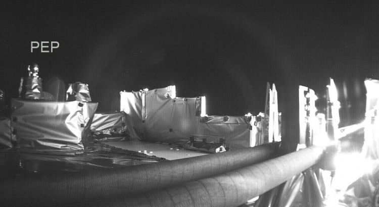 The Particle Environment Package, PEP, (three of the six instruments NIM, JNA and JEI in the Pep suite)  – taken from the side by the onboard camera on the ESA spacecraft Juice.