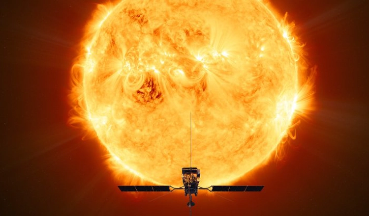 Illustration of Solar orbiter with the Sun as backdrop