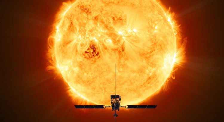 Illustration of Solar orbiter with the Sun as backdrop Illustration of Solar orbiter with the Sun as backdrop