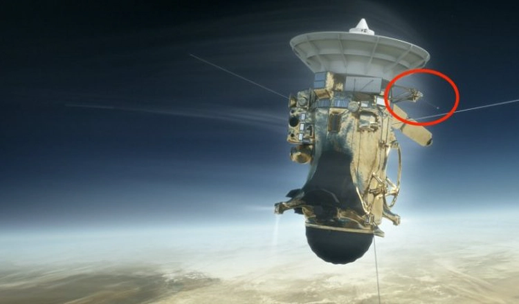 Illustration av rymdsonden Cassini, med IRF:s instrument inringat