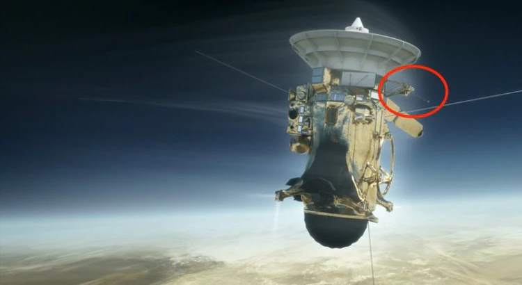 Illustration av rymdsonden Cassini, med IRF:s instrument inringat Illustration av rymdsonden Cassini, med IRF:s instrument inringat