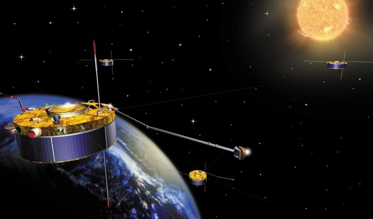 Konstnärlig tolkning av Cluster-satelliterna i omloppsbana runt Jorden, med solen i fjärran