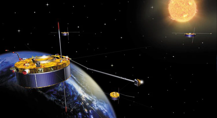 Konstnärlig tolkning av Cluster-satelliterna i omloppsbana runt Jorden, med solen i fjärran Konstnärlig tolkning av Cluster-satelliterna i omloppsbana runt Jorden, med solen i fjärran