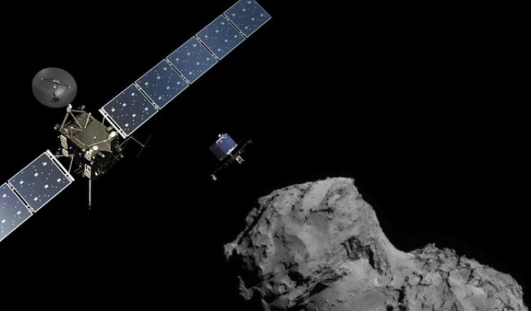 Illustration av Rosetta och dess landare Philae ovanför Kometen Illustration av Rosetta och dess landare Philae ovanför Kometen