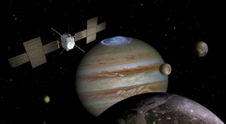Illustration av JUICE i omloppsbana runt jupiter och dess månar Illustration av JUICE i omloppsbana runt jupiter och dess månar