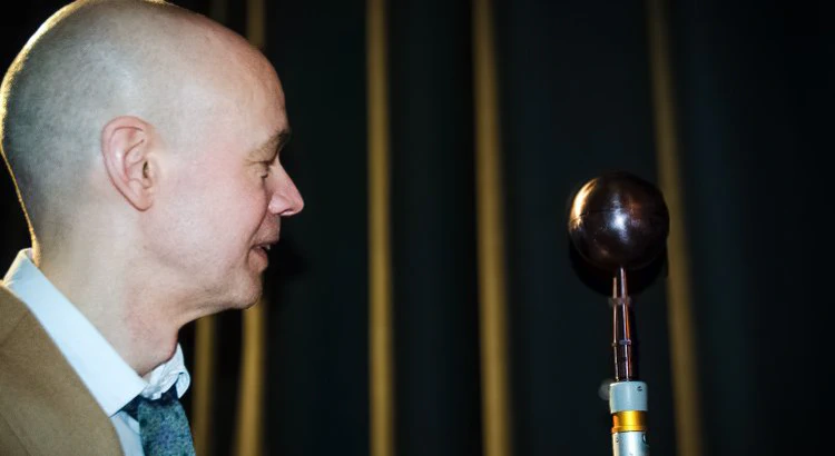 Jesper next to a model of a Langmuir probe that the science and engineering team in Uppsala are specialists on. Jesper next to a model of a Langmuir probe that the science and engineering team in Uppsala are specialists on.