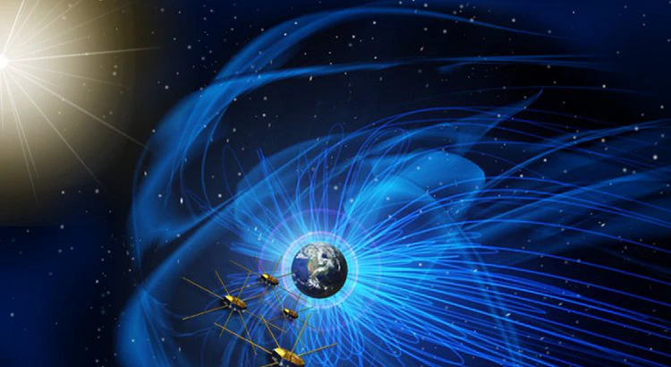Illustration of the MMS satellites, the Sun, the Earth and its magnetic field