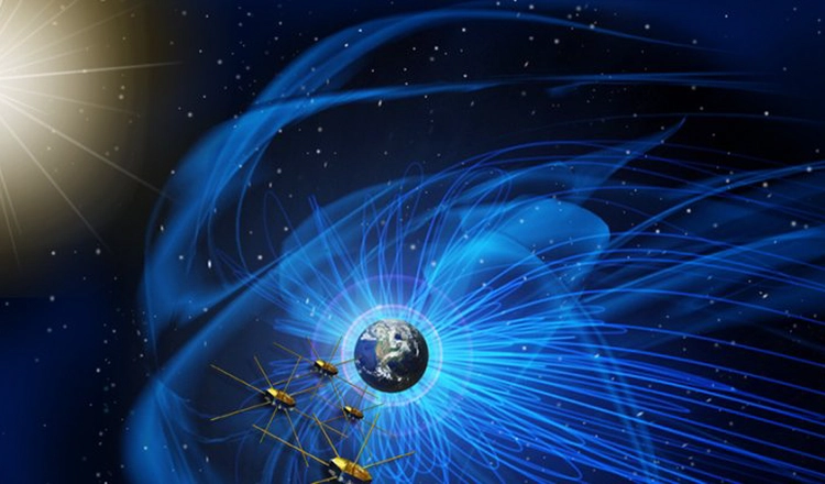 Illustration of the MMS satellites, the Sun, the Earth and its magnetic field Illustration of the MMS satellites, the Sun, the Earth and its magnetic field