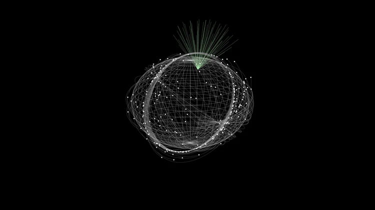 Simulerade fragment från den förstörda satelliten Kosmos-1408 i omlopp runt jorden tillsammans med en mängd möjliga radarstrålar. Illustration: Daniel Kastinen.
