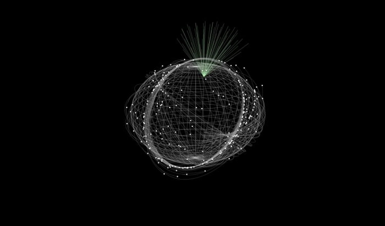 Simulerade fragment från den förstörda satelliten Kosmos-1408 i omlopp runt jorden tillsammans med en mängd möjliga radar strålar.