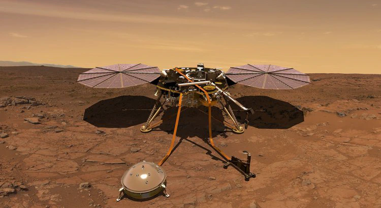 Illustration av rymdsonden Insight när den ladat på Mars Illustration av rymdsonden Insight när den ladat på Mars