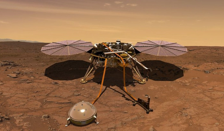 Illustration av rymdsonden Insight när den ladat på Mars