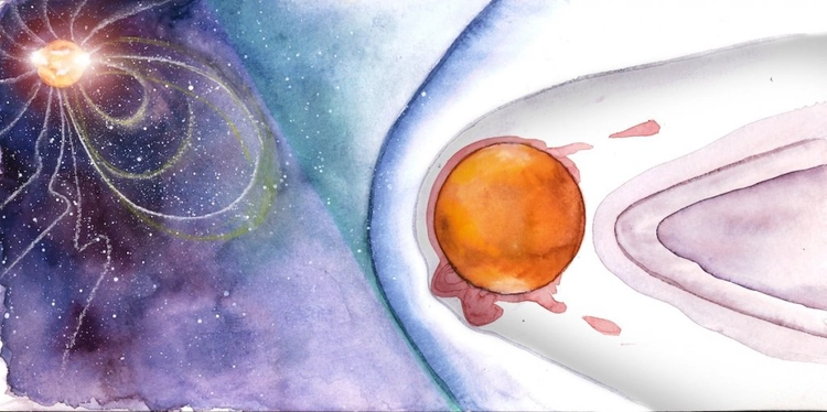 Akvarell av Mars, med solen i bakgrunden och en illustration hur solvinden interagerar med planeten