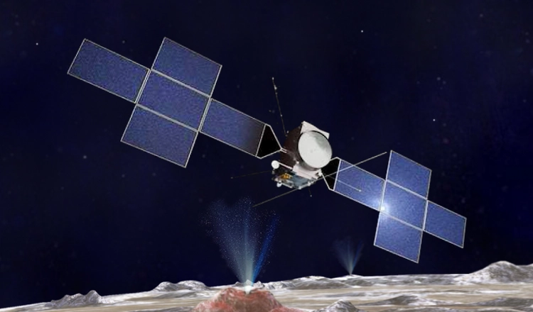 The JUICE spacecraft above a plume from the surface of Europa