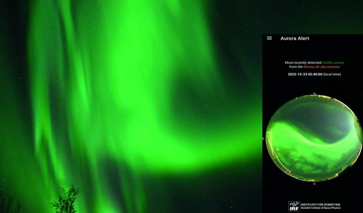 Large green aurora and a overlayed screenshot from the mobile app IRF Aurora Alert