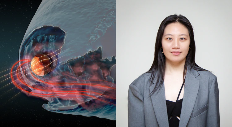 Qi Zhang är huvudförfattare av Nature-artikeln "Mars's induced magnetosphere can degenerate". Solvinden flyter längs de vita linjerna och atmosfäriska partiklar går förlorade till rymden längs de röda linjerna. Qi Zhang är huvudförfattare av Nature-artikeln "Mars's induced magnetosphere can degenerate". Solvinden flyter längs de vita linjerna och atmosfäriska partiklar går förlorade till rymden längs de röda linjerna.