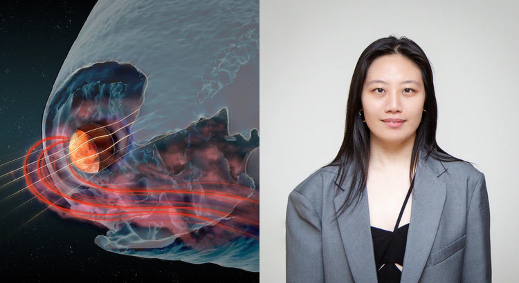 Qi Zhang är huvudförfattare av Nature-artikeln "Mars’s induced magnetosphere can degenerate". Solvinden flyter längs de vita linjerna och atmosfäriska partiklar går förlorade till rymden längs de röda linjerna. Qi Zhang är huvudförfattare av Nature-artikeln "Mars’s induced magnetosphere can degenerate". Solvinden flyter längs de vita linjerna och atmosfäriska partiklar går förlorade till rymden längs de röda linjerna.