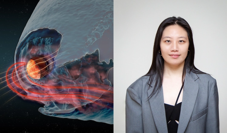 Qi Zhang is the lead author for the Nature article "Mars's induced magnetosphere can degenerate". The solar wind flows along the white lines, and atmospheric particles are lost to space along the red lines.