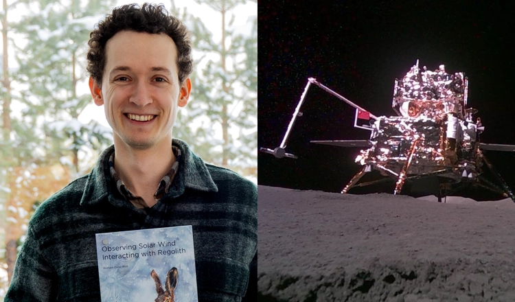 IRF-doktoranden Romain Canu-Blot i Kiruna har visat att negativa vätejoner bildas vid månens yta. Chang’e-6-landaren på månens baksida. Foto: IRF och CNSA, CLEP