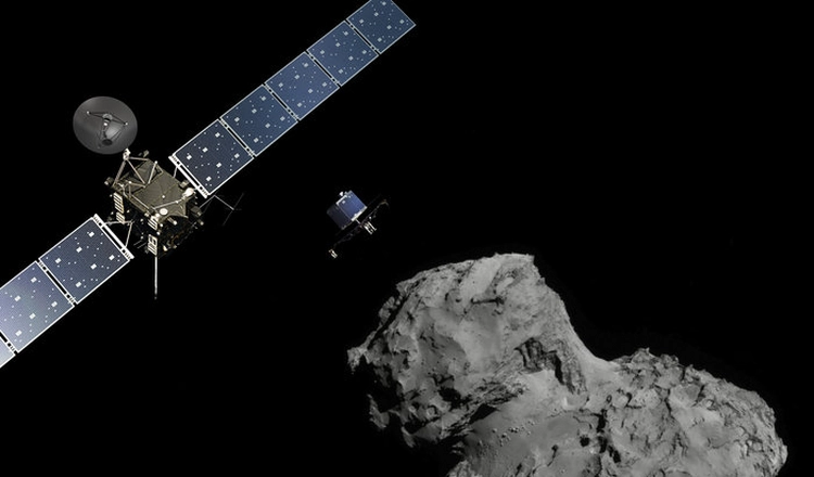 Artist’s impression of Rosetta and photograph of the comet’s nucleus
