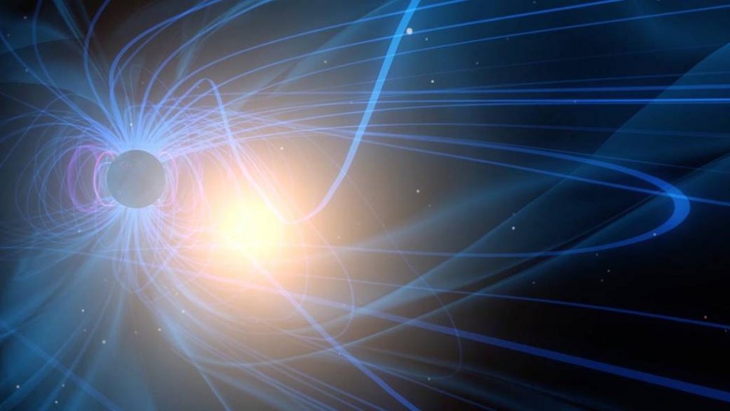 A graphic visualization of magnetic reconnection. The blue lines surrounding Earth represent the magnetic field lines of the magnetosphere and the bright point indicates the moment of reconnection. Image: NASA/Goddard Space Flight Center.